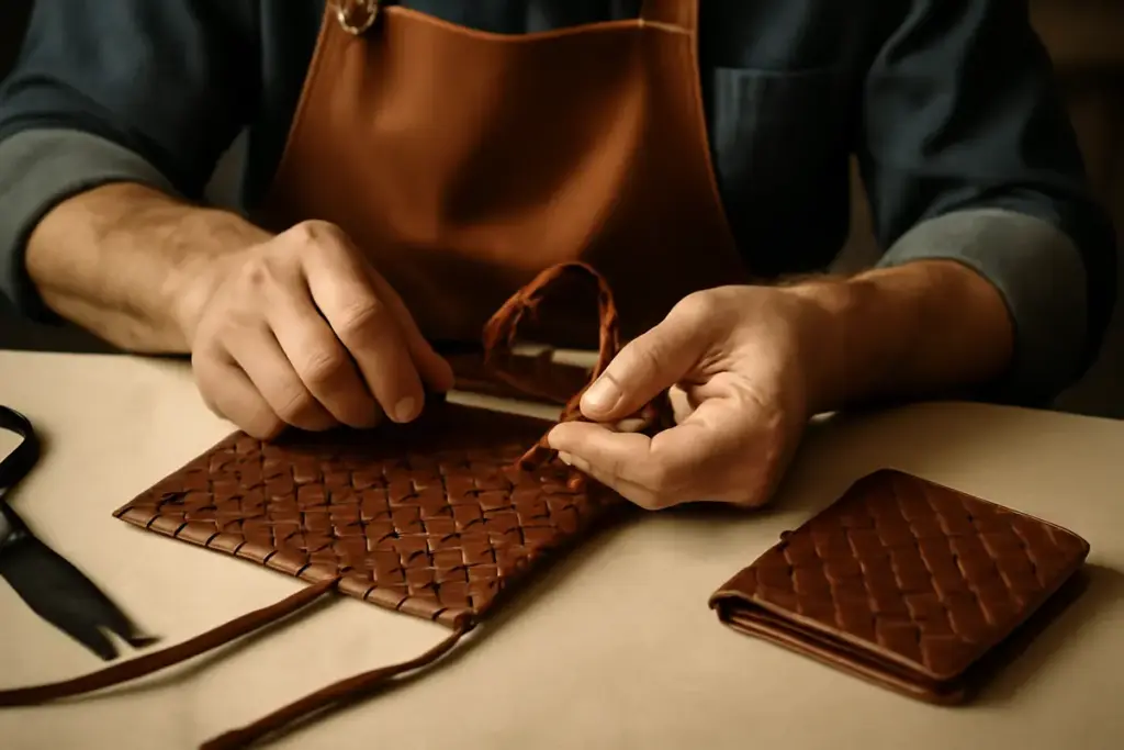 Tessitura artigianale intrecciata su pelle: il procedimento che conferisce elasticità unica agli accessori