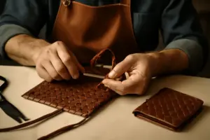 Tessitura artigianale intrecciata su pelle: il procedimento che conferisce elasticità unica agli accessori
